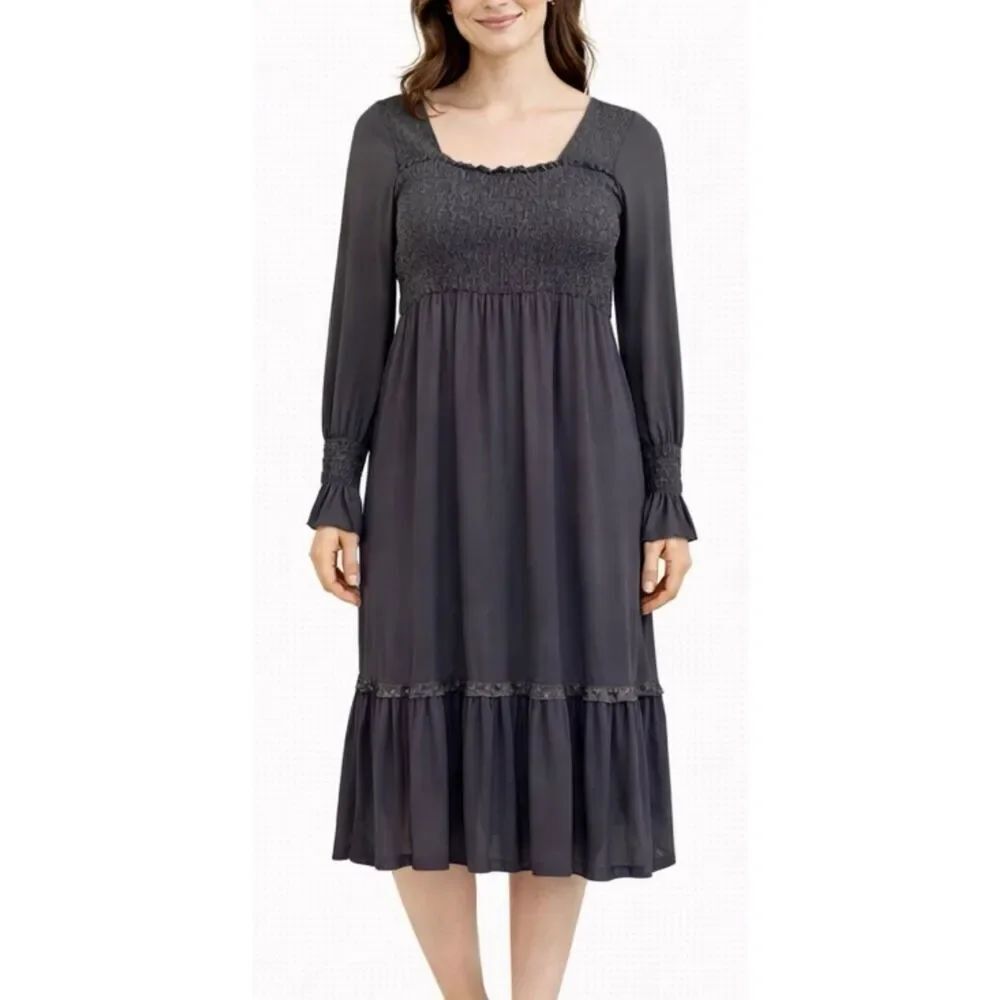 Venus smocked neckline long sleeve midi dress